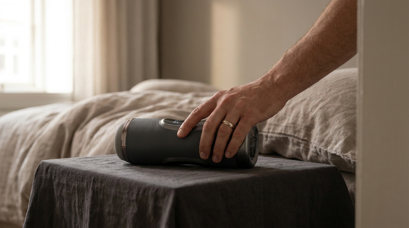Main masculine ajustant la valve de pression d'un masturbateur haut de gamme dans une ambiance tamisée