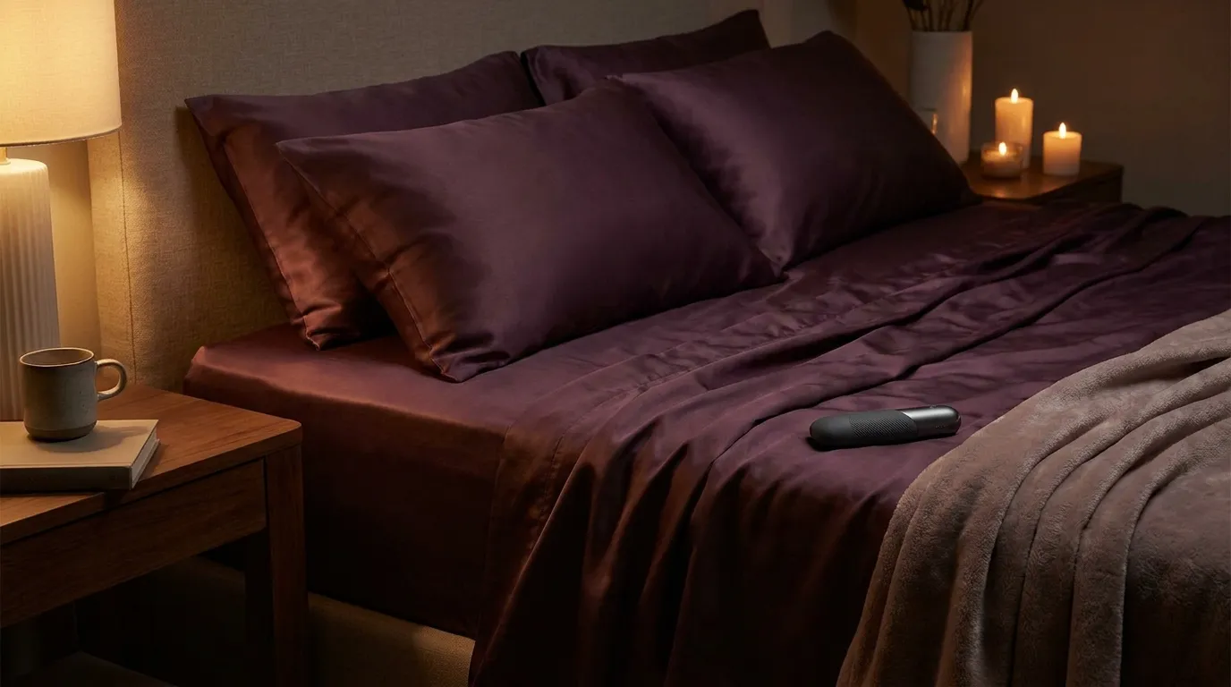 Masturbateur masculin haut de gamme discrètement posé sur des draps en soie froissés dans la pénombre