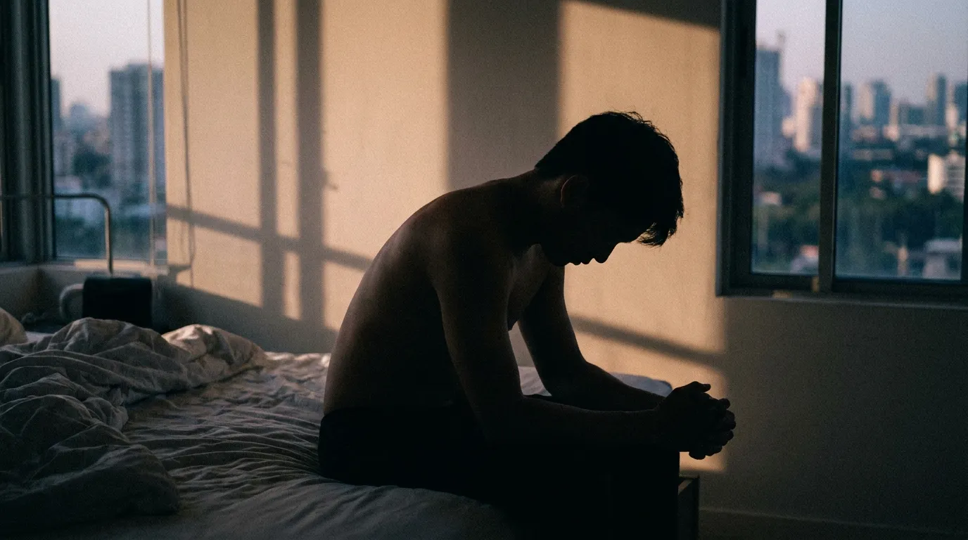 Homme torse nu assis sur un lit sombre, plongé dans ses pensées, illustrant l'anxiété masculine
