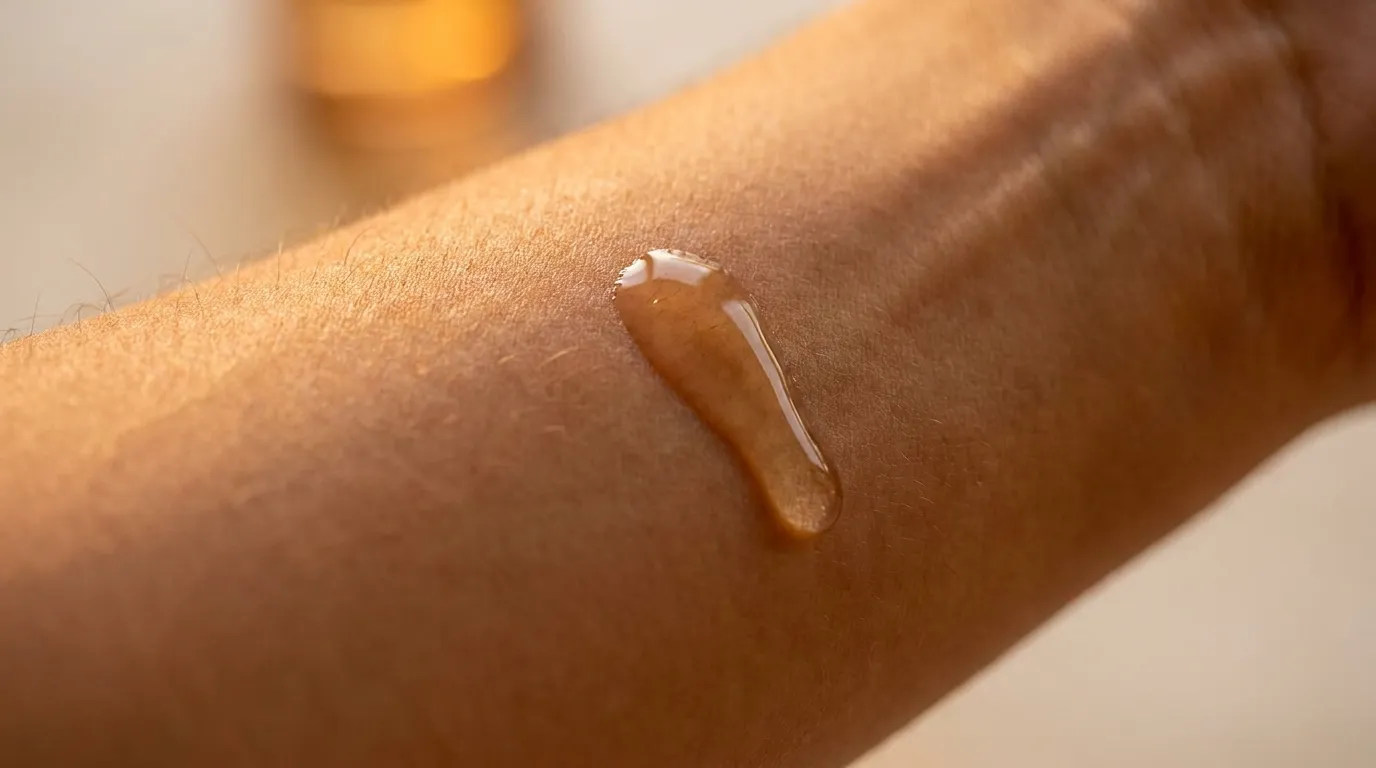 Goutte de lubrifiant intime glissant sur la peau nue d'un homme musclé, évoquant le soin du corps