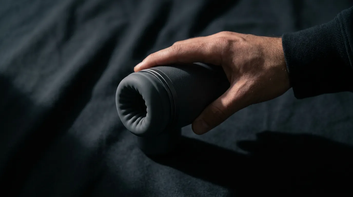 Jouet intime masculin texturé et élégant tenu délicatement par une main masculine