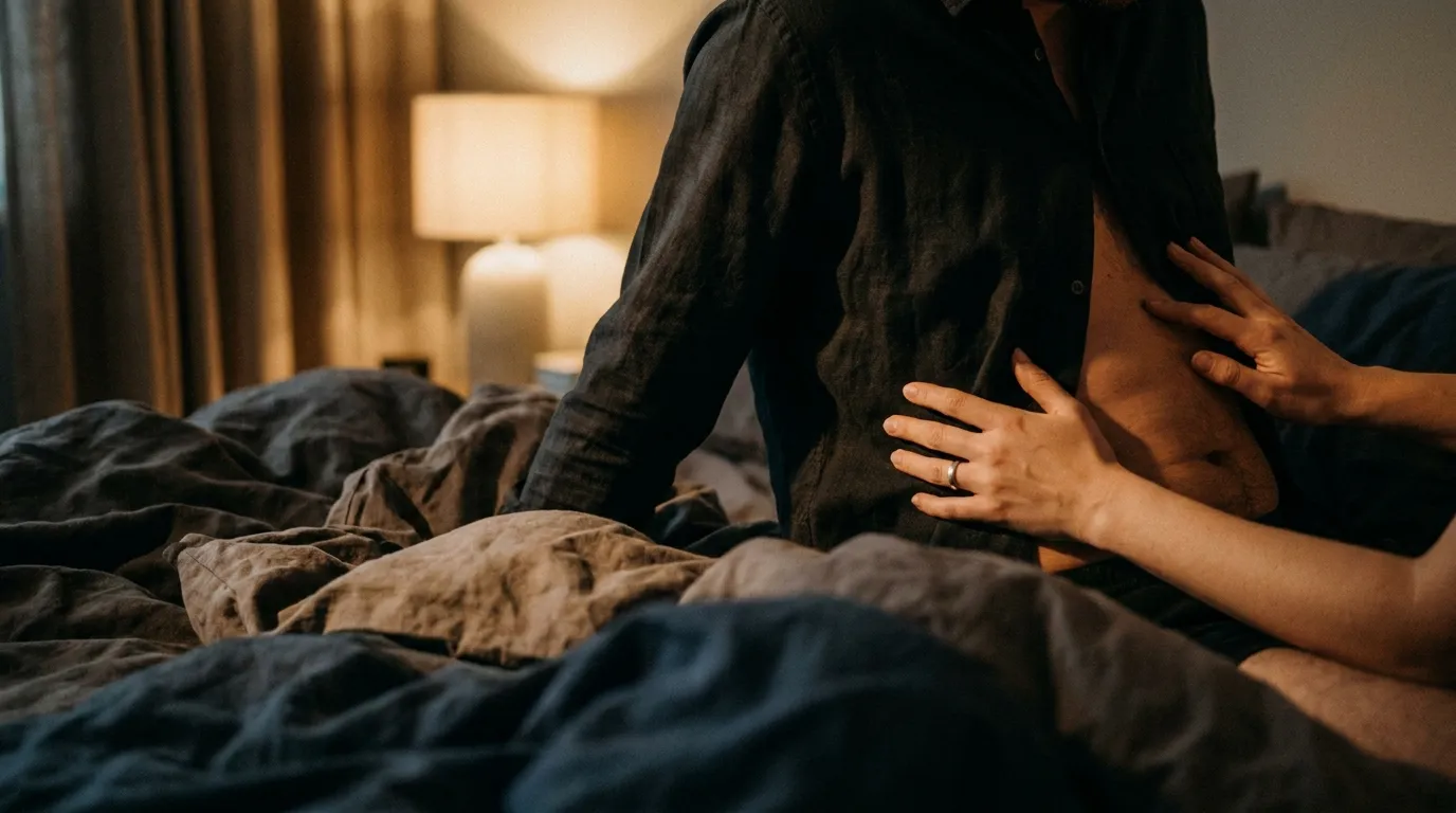 torse d'homme avec mains de femme — connexion corps pleine conscience sexuelle masculine